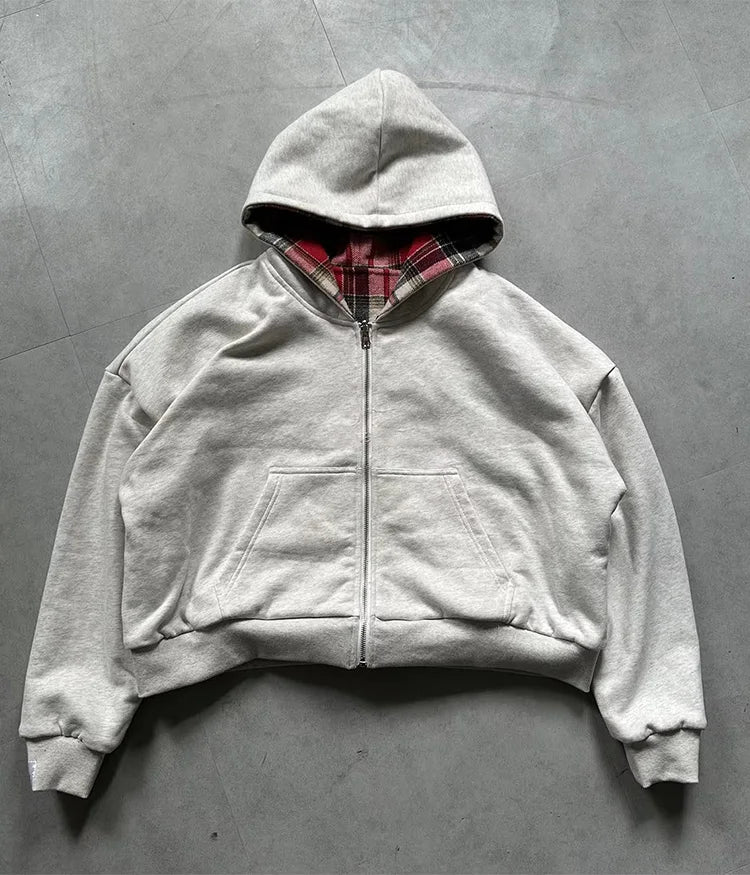 Hidden Life Plaid Zip-Up Hoodie